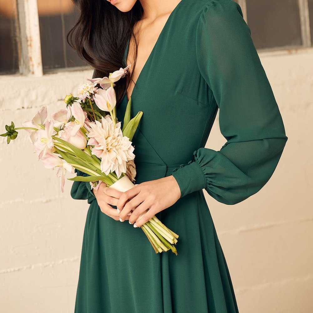 NWT Lulus My Whole Heart Emerald Green Long Sleeve Wrap Dress